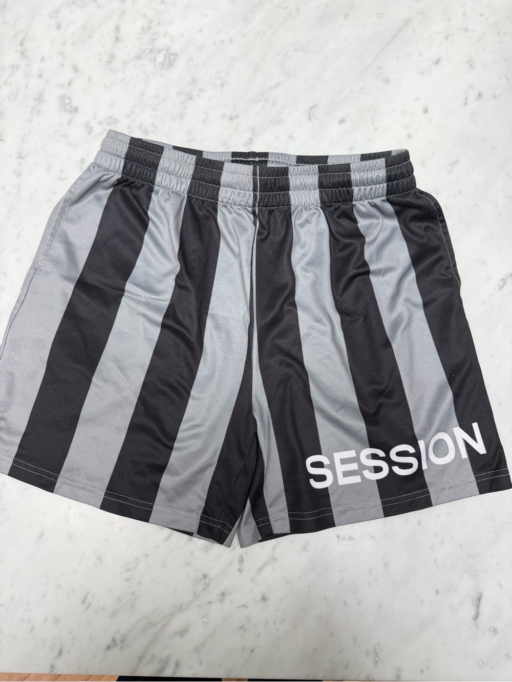 SESSION logo Unisex Black & Gray Striped Athletic Shorts
